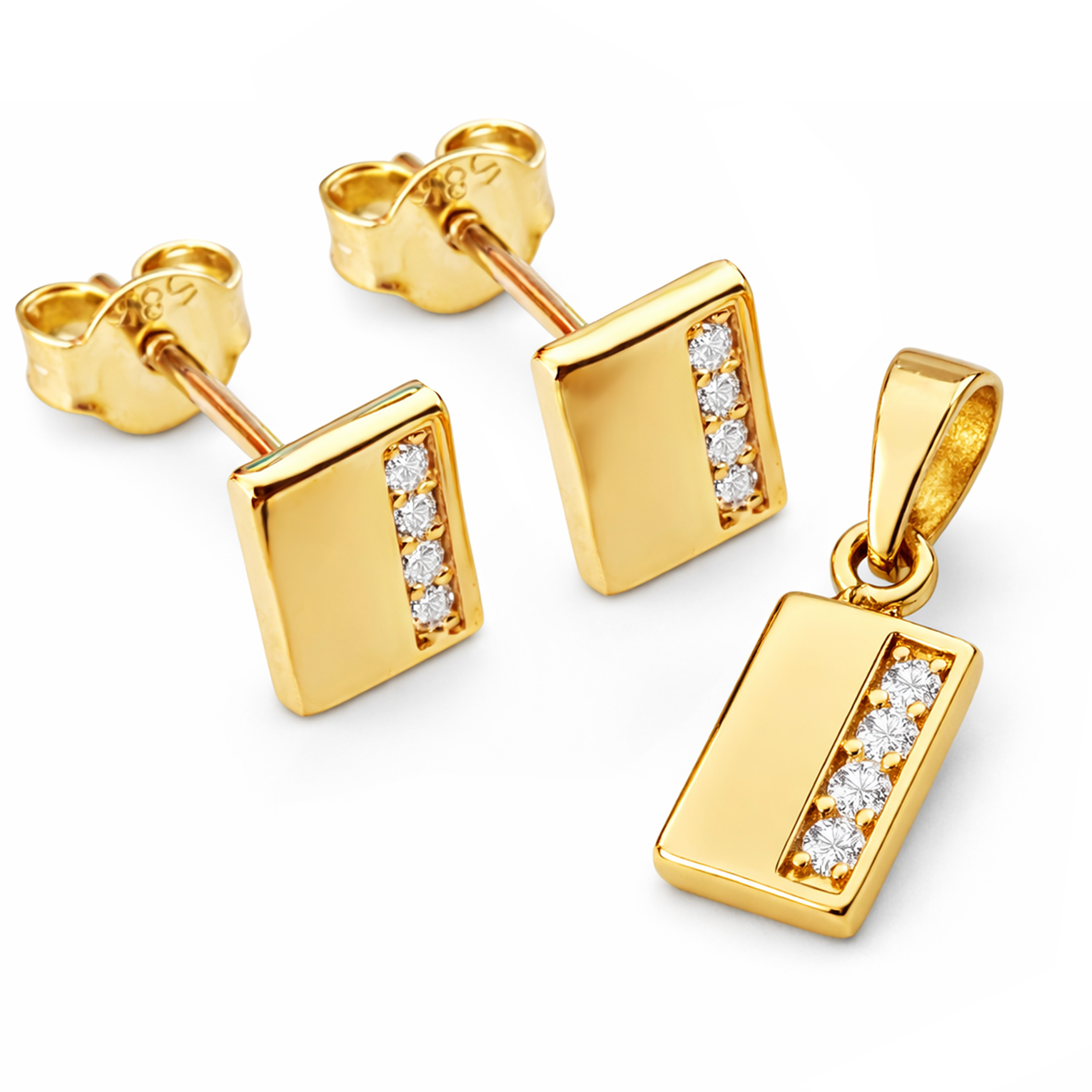 Zlatá sada šperků 585, obdélníčky s přívěsek a náušnice z kubické zirkonie
