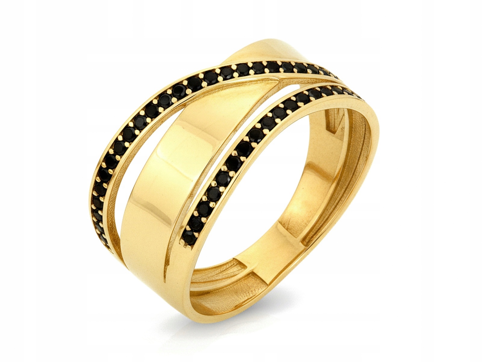 Prstýnek zlatý 585 Propletený široký 3.04g s Černými zirkony r20