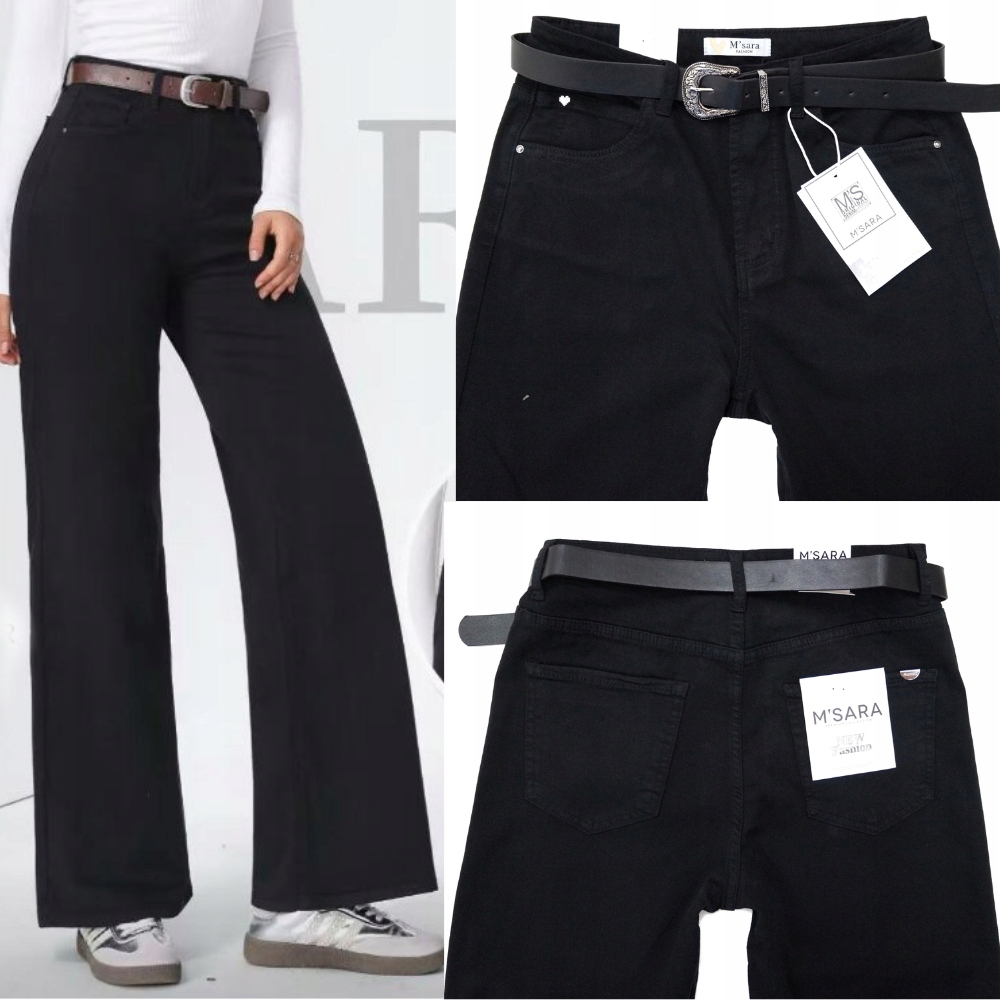 M.sara Dámské Jeansy Široké Nohavice Zvonové Černé Pásek 40 L