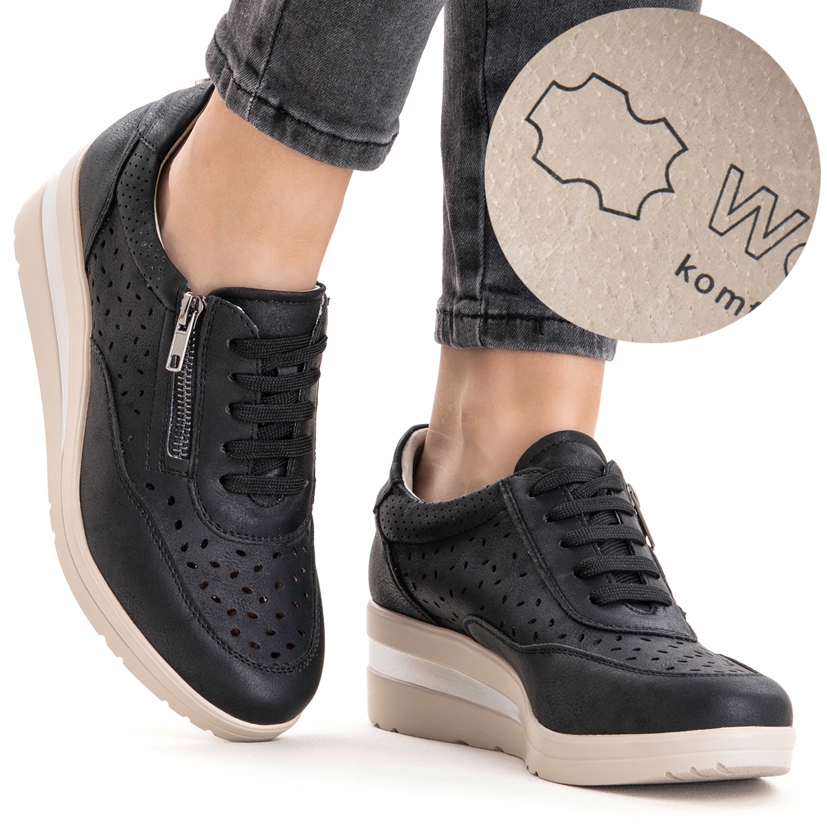 Tenisky w.SKÓRA polobotky koturn elegantní Černé módní Suwak Wojtyłko 41