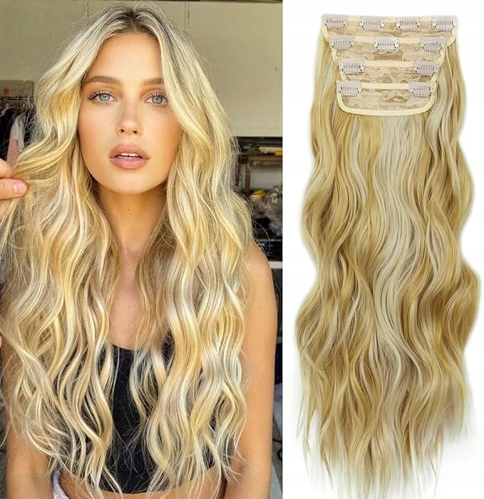 4 X Prodlužky Do Vlasů Blond S Klipy, Syntetické, Vlnité, Délka 50 CM