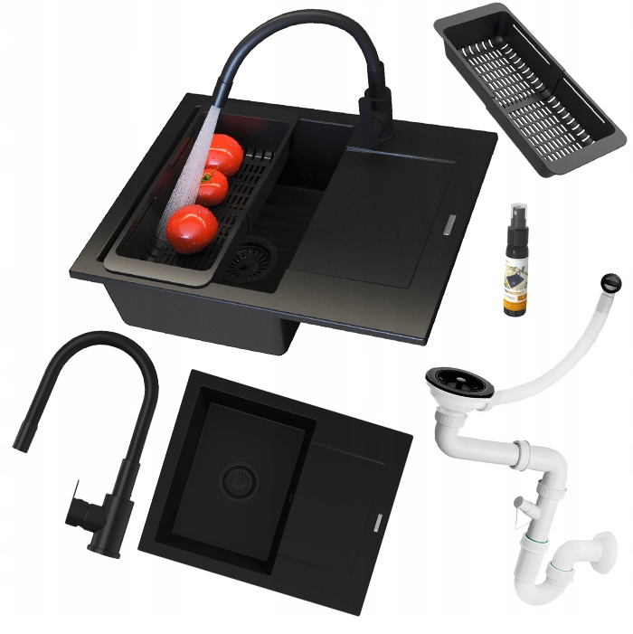 Granitový Drez Bello čierny jednokomorový Sada umývadlová batéria sifón