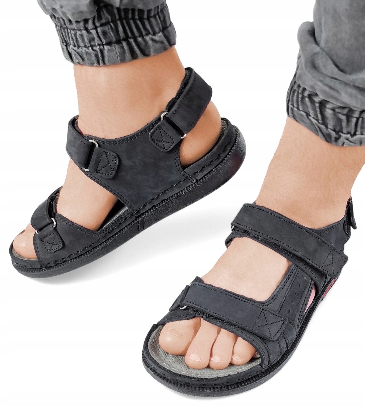 Nazouváky Kožené Sandály na suchý zip Pánské kožené černé *41*
