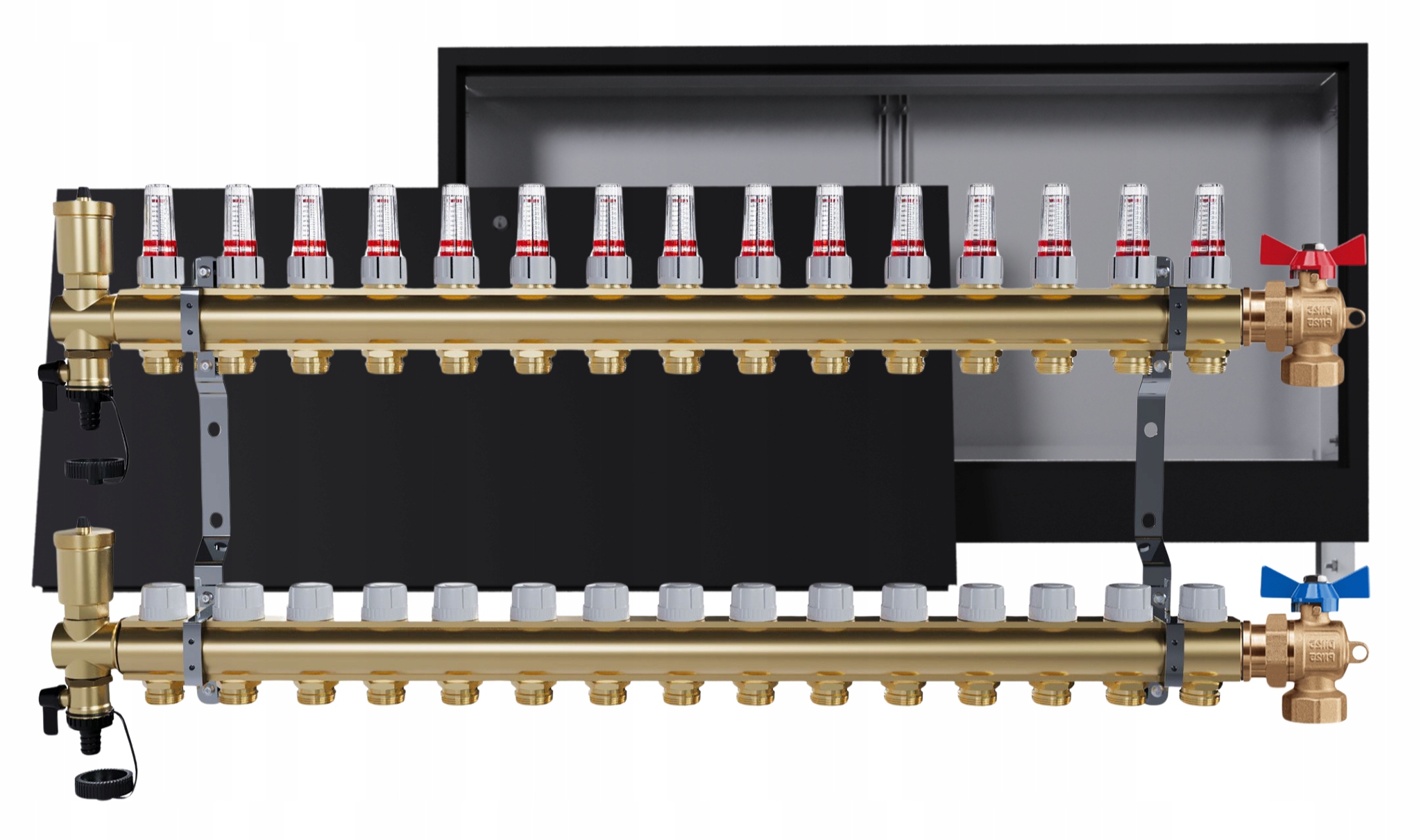 Rozdělovač podlahových krytin mosazný 15 okruhů podomítková skříňka ventily