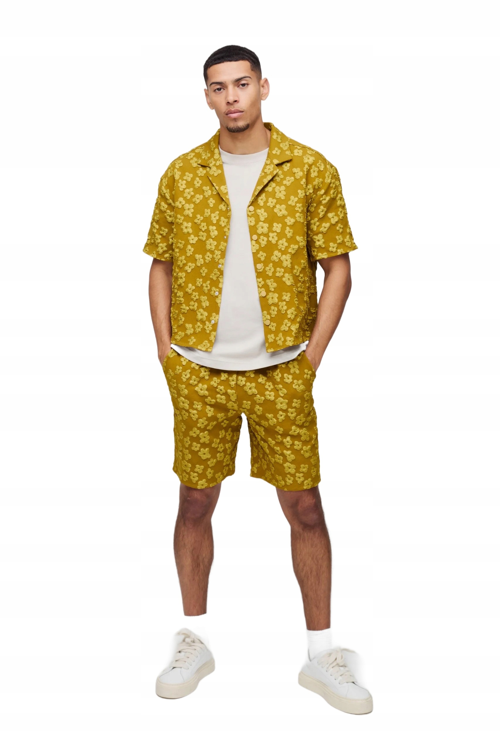 Boohooman Pánský Komplet Košile A Šortky Květinový Vzor Žlutý XL Z3A