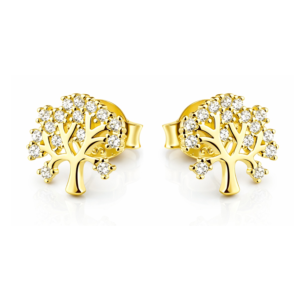 Zlaté náušnice strom s zirkony a tyčinkami