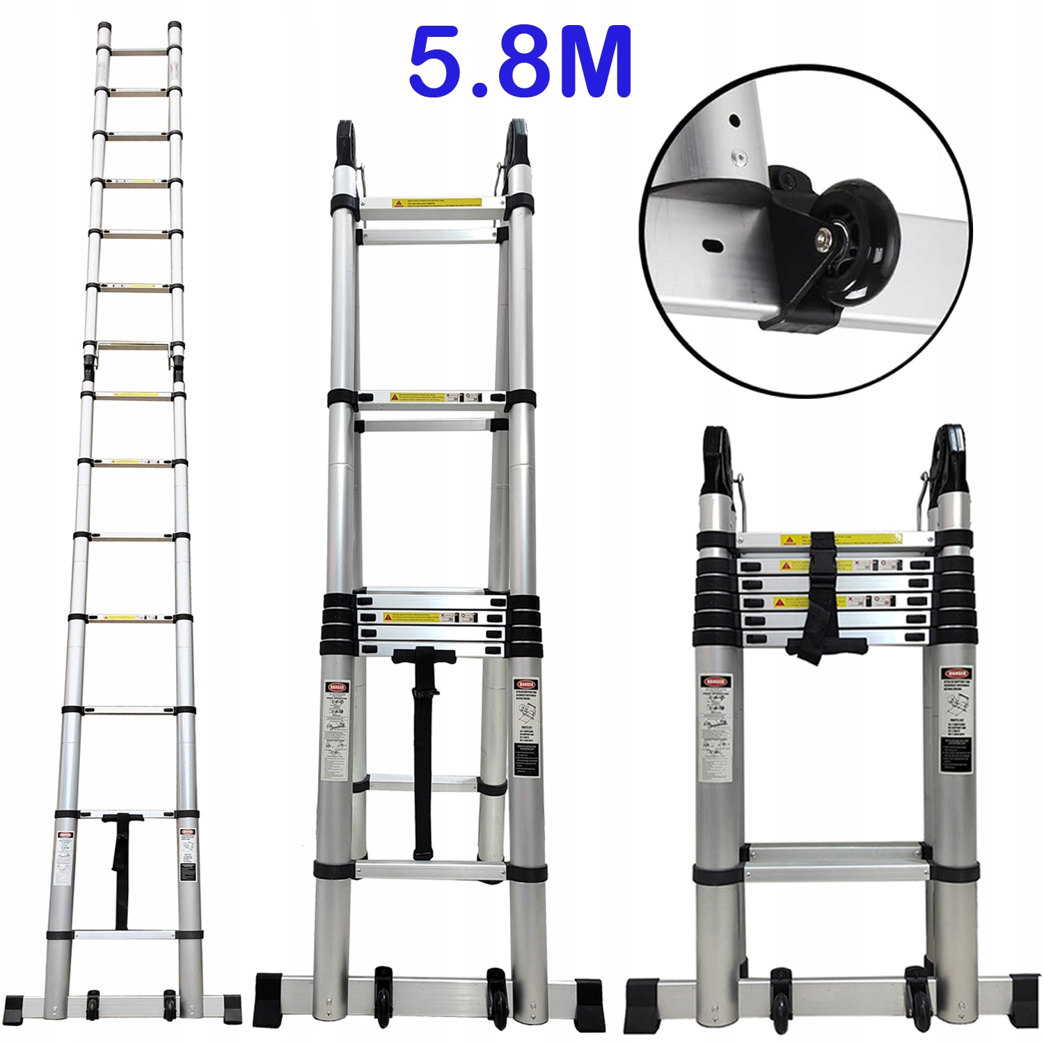 Hliníkový Rebrík Teleskopický Rámový A 5.8M 150KG Kĺbový 2X7 S Kolieskom