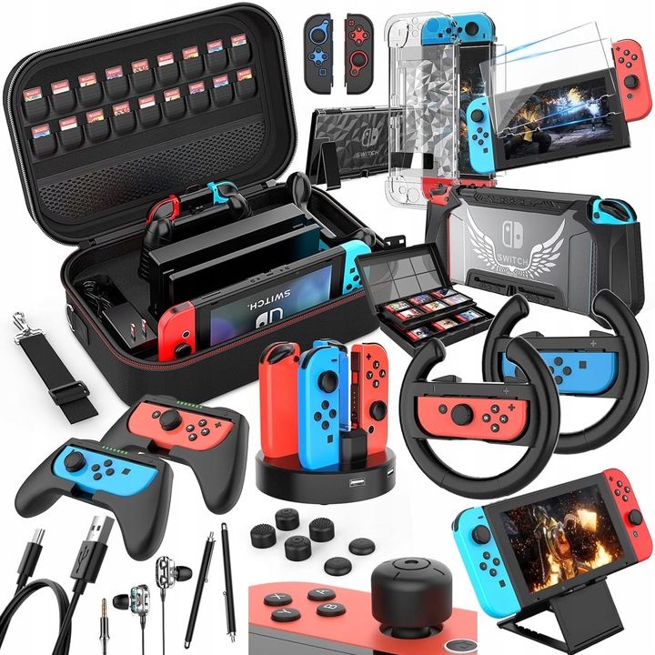HEYSTOP Zestaw akcesoriów 28 w 1 dla Nintendo Switch z torbą i stacją ładuj