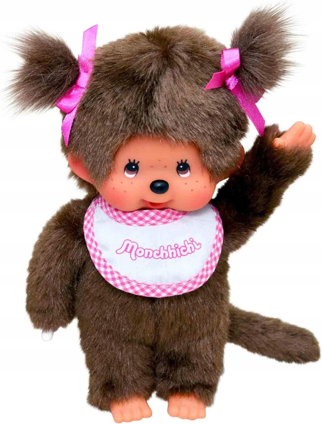 Monchhichi 255550 Małpka dziewczynka z biało-różowym śliniaczkiem 20 cm