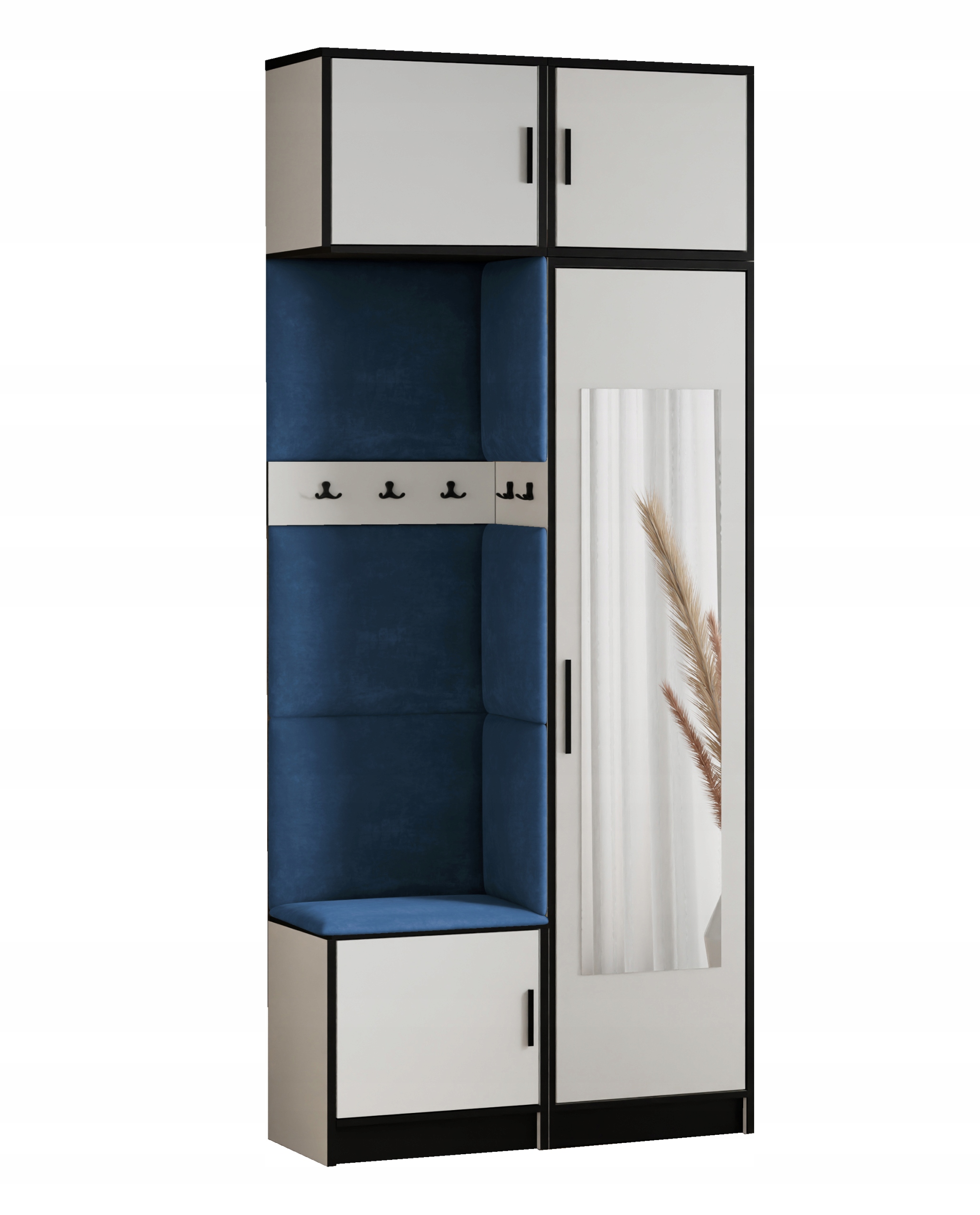 Šatní skříň se zrcadlem Dior 11, sedák bílý modrá tkanina s nástavcem