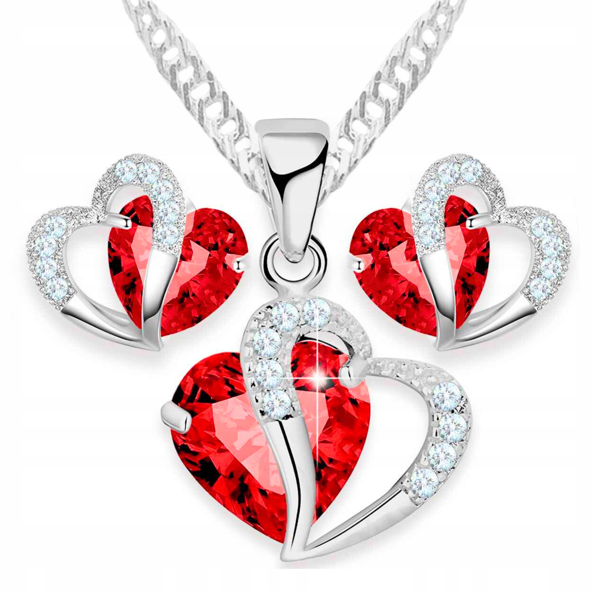 Sada stříbrných šperků Náušnice a náhrdelník Červené srdce Srdíčka