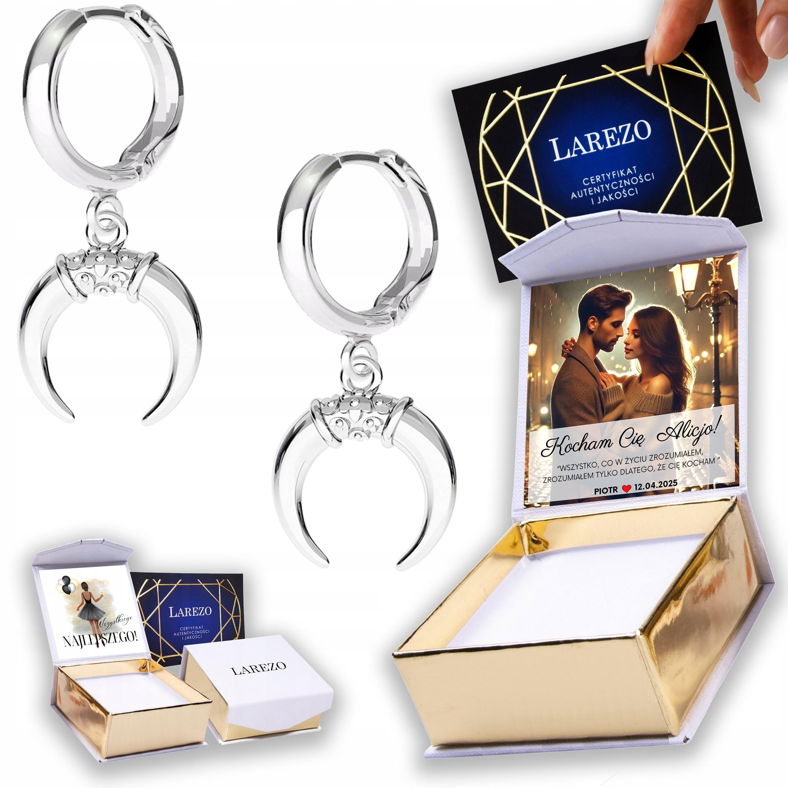 Stříbrné Náušnice 925 Měsíční rohy Půlměsíce Vesmír Měsíc Potisk