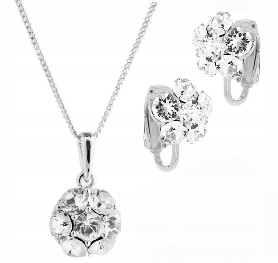 Stříbrný Komplet Šperků Květina Krystalky Swarovski Sada S Klipy