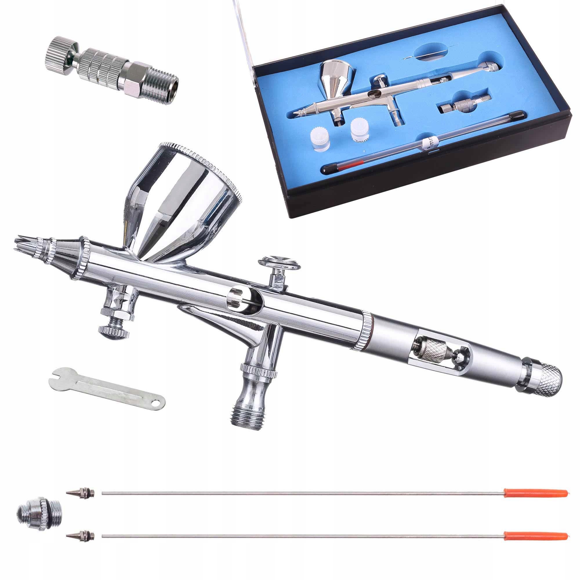 Modelářský aerograf 3x Tryska 0,2 mm 0,3 mm 0,5 mm Rychlospojka Sada