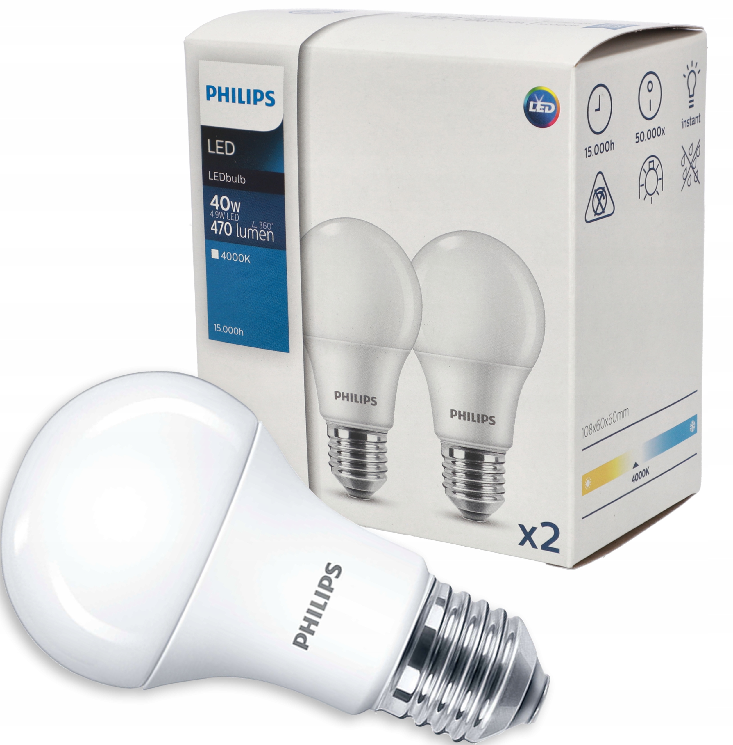 

2x Żarówka Led E27 A60 4,9W 4000K 470lm Philips