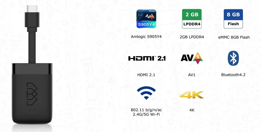 Homatics DONGLE R 4K przystawka do telewizora Android 11 2GB/8GB certyfikat Formaty dźwięku Audio CD MP3 WMA