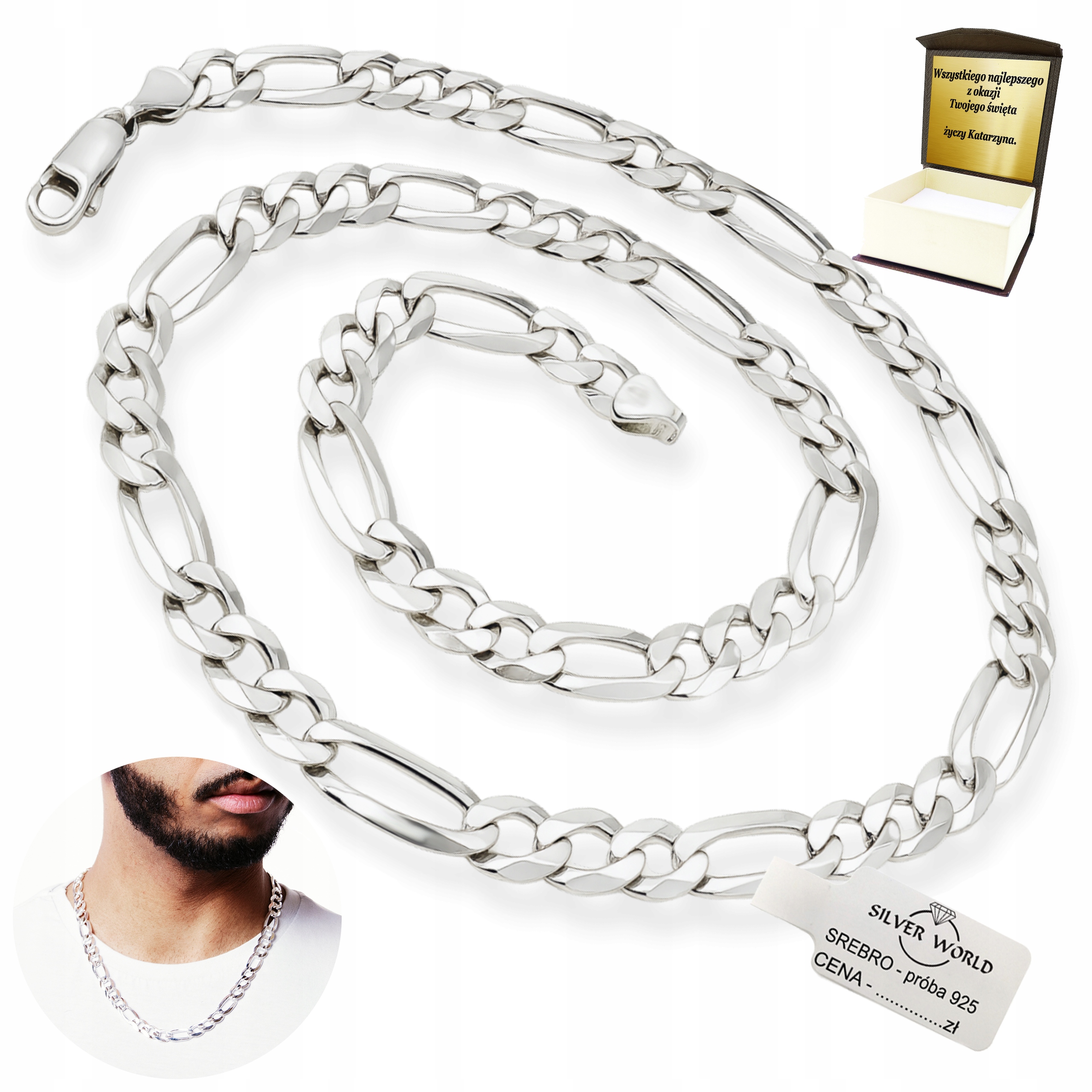 Stříbrný Řetízek Pánský Nádherný 8 mm Italský Figaro 50 cm Jako Dárek +gravírování