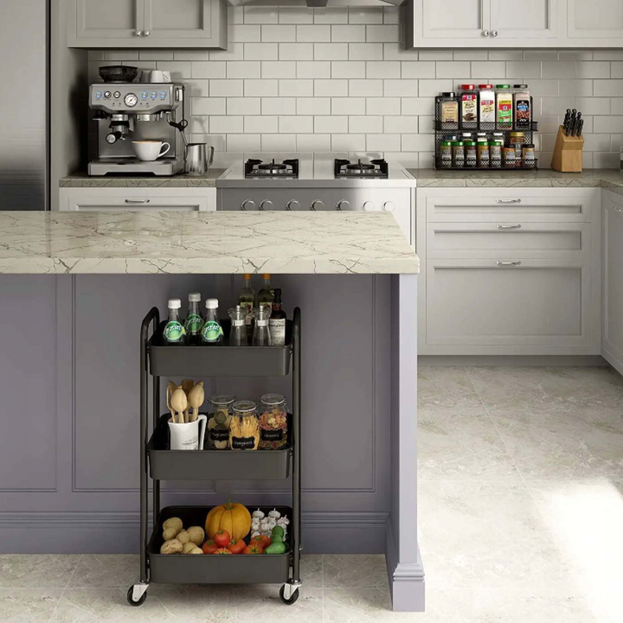 REGAŁ MOBILNY NA KÓŁKACH WÓZEK KUCHENNY 3 PÓŁKI CZARNY DO KUCHNI 40x27x74 Wysokość mebla 70 cm