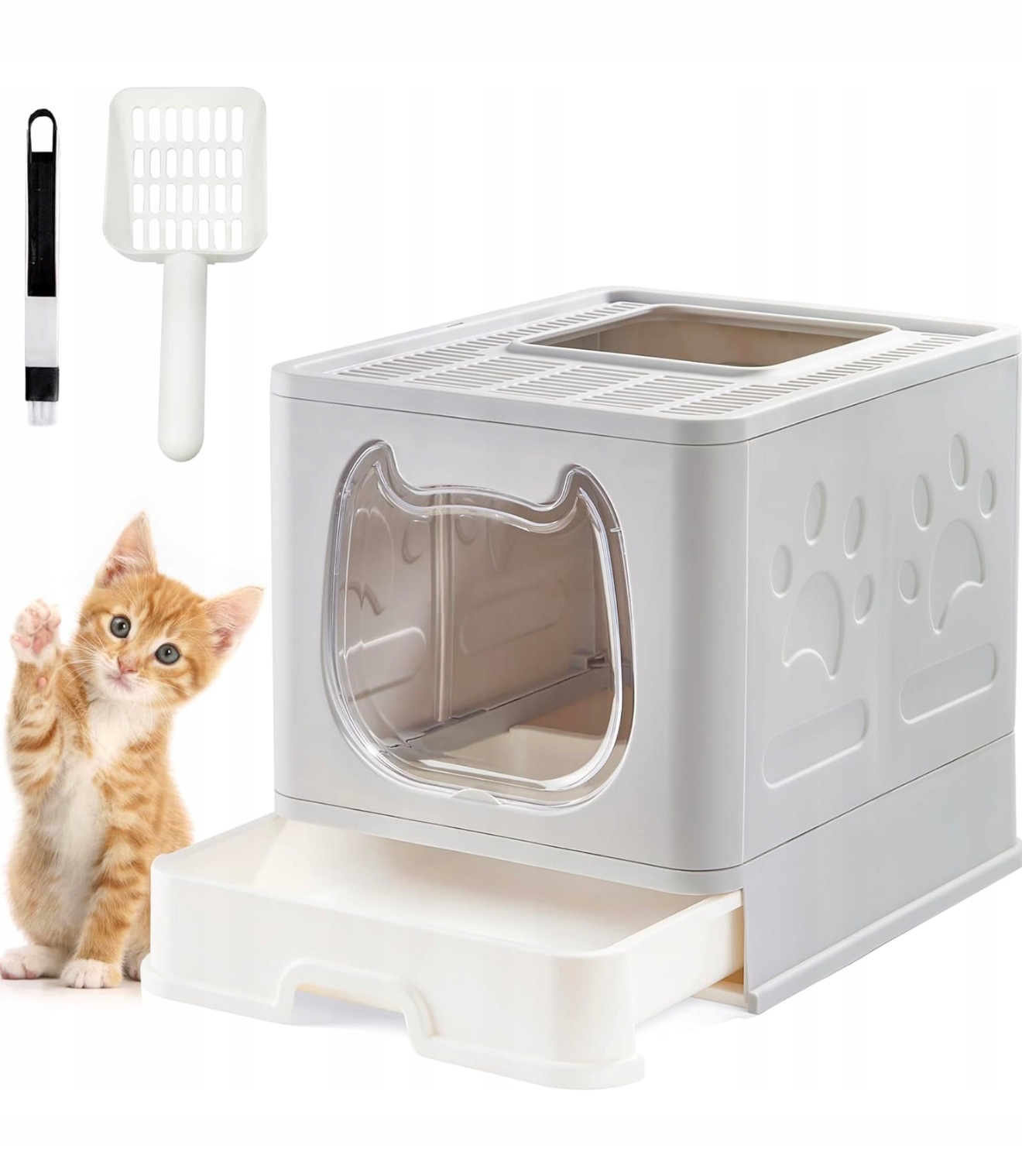 Levně Skládací kočičí toaleta s krytem Suhaco 41x34x38 cm šuplík šedá