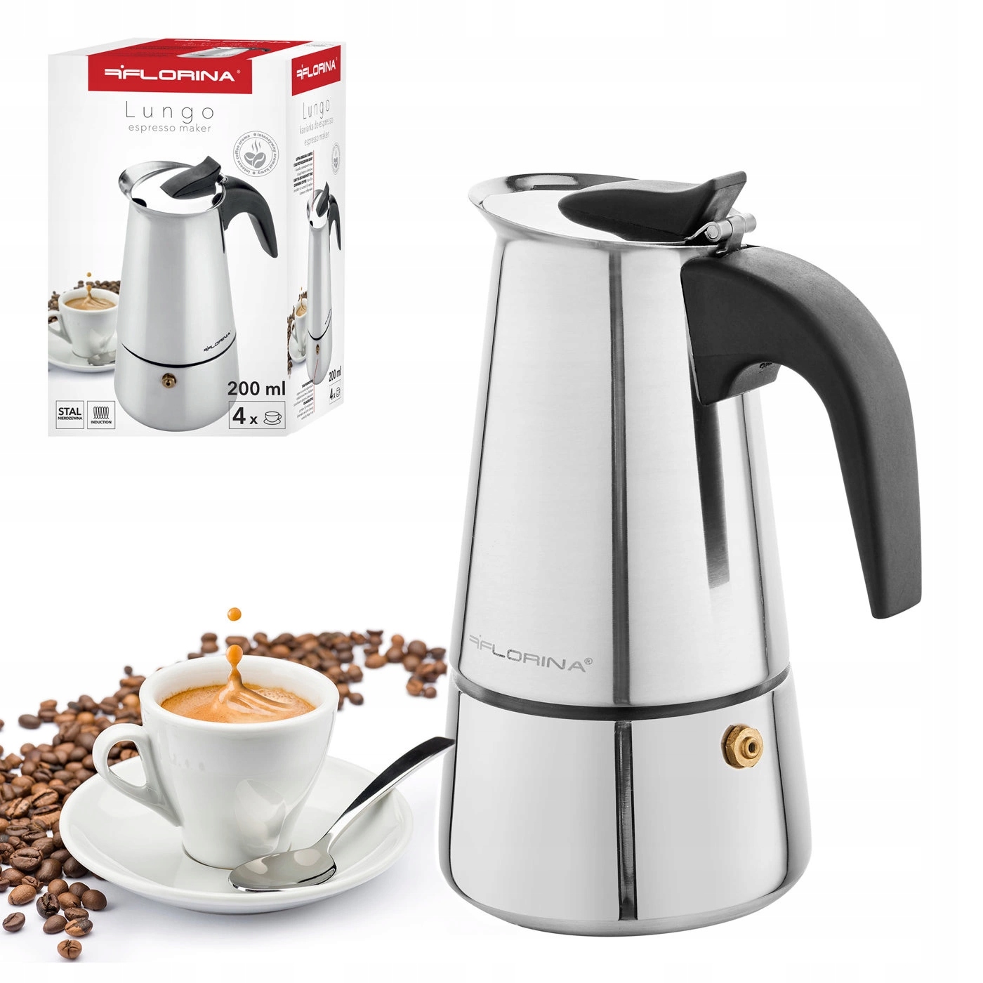 KAWIARKA LUNGO 4 FILIŻANKI 200 ml ESPRESSO INOX INDUKCJA