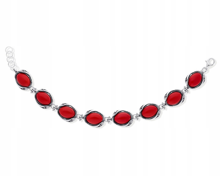 Dámský stříbrný náramek s červeným korálem, široký, pr.925