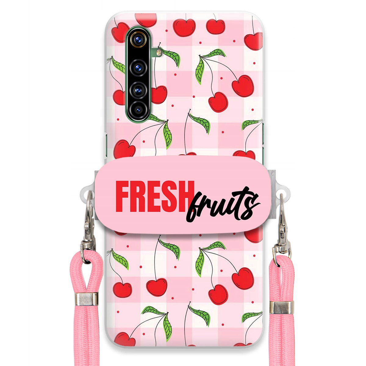 Puzdro pre Realme X50 Pro Case držiak na šnúrku Ružový Fresh Fruits Mriežka