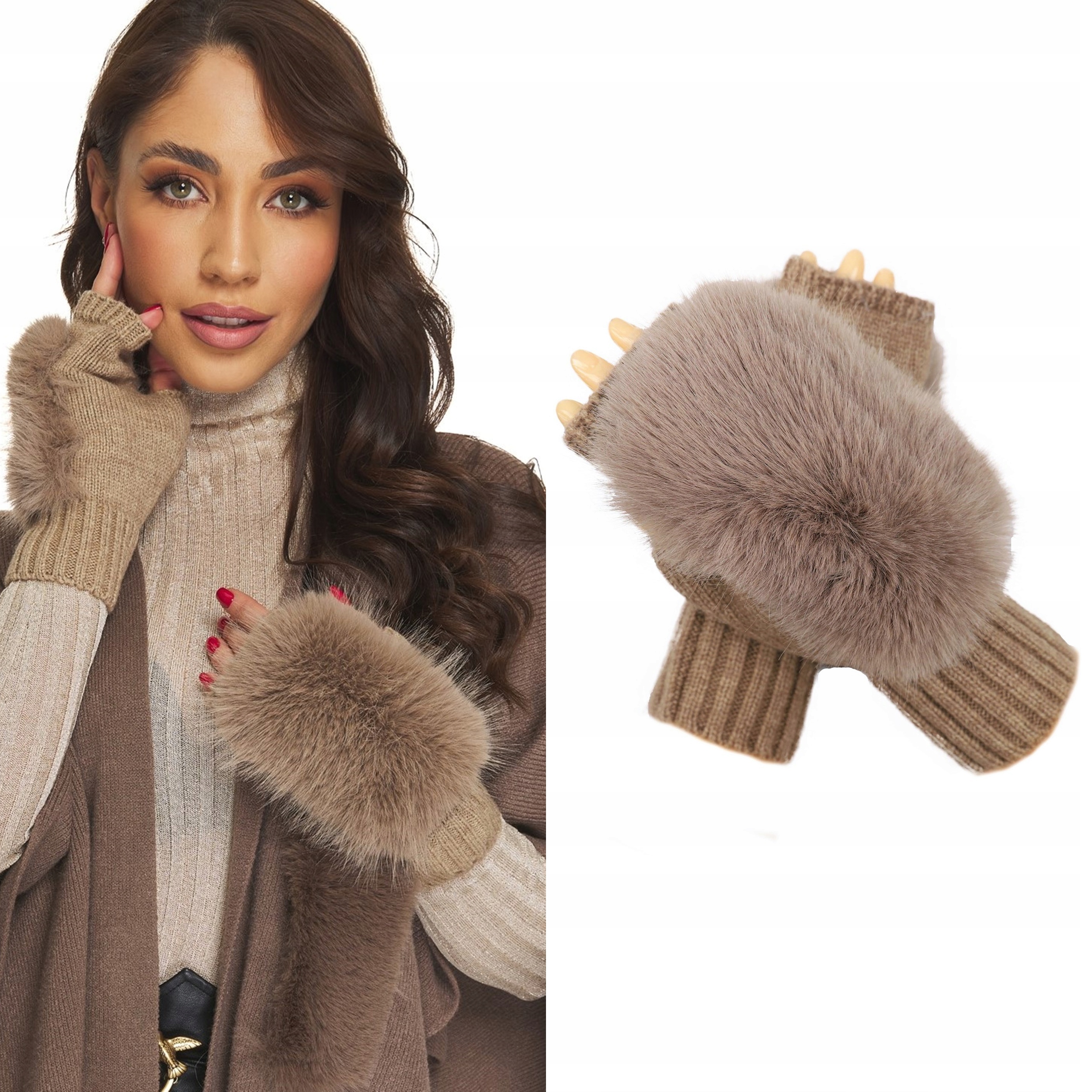 RĘKAWICZKI BEZ PALCÓW mitenki z futerkiem beżowe