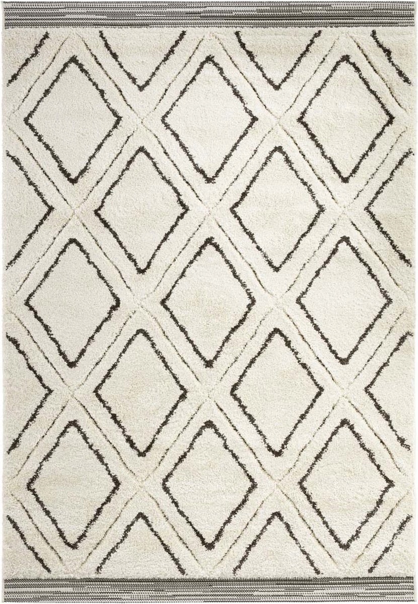 Krémově černý koberec do obývacího pokoje, silný koberec shaggy, vzor boho 80x150 cm