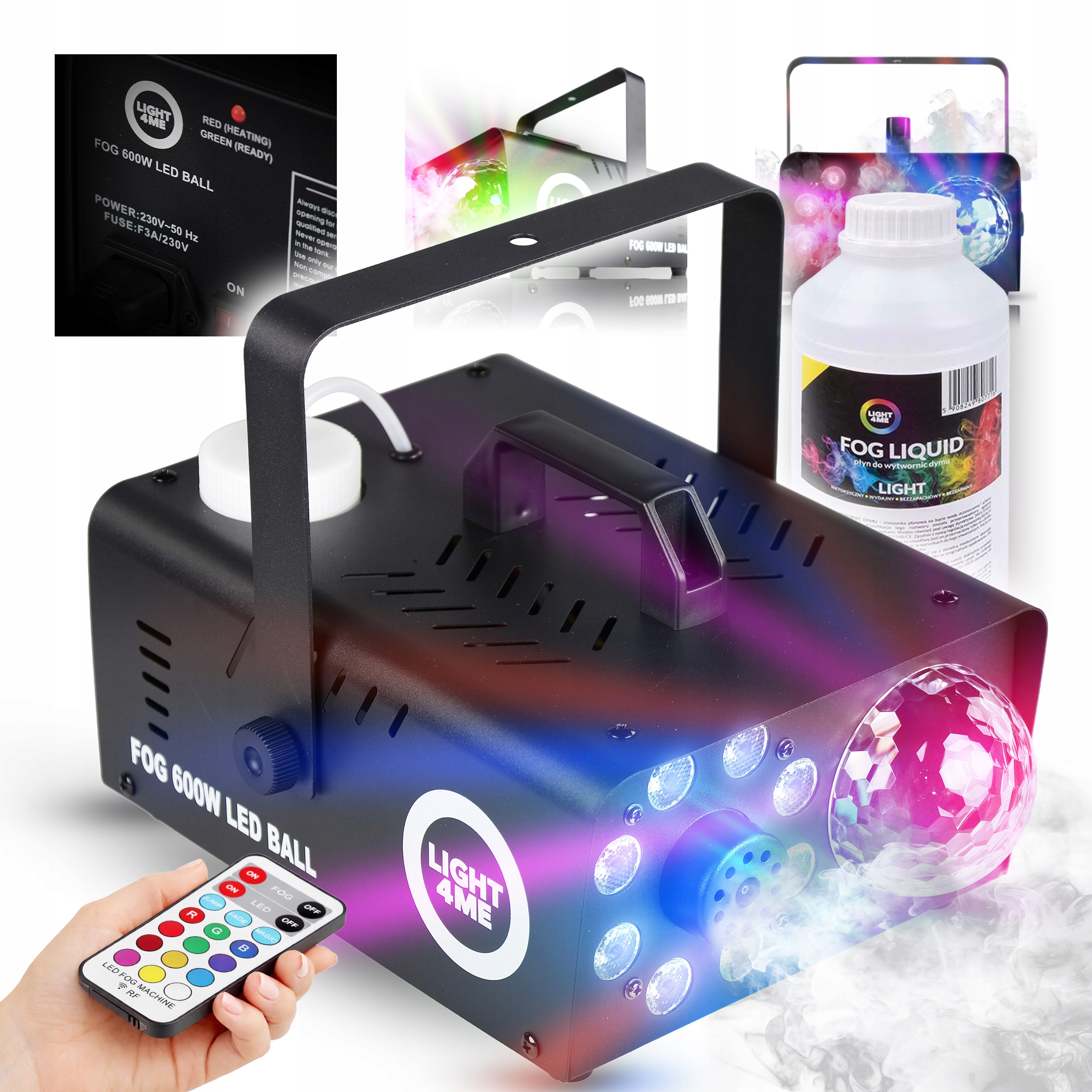 Výrobník Generátoru Kouře Kouřová Žárovka 3V1 8 Led Rgb Diod Led Koule 600W Dálkové Ovládání