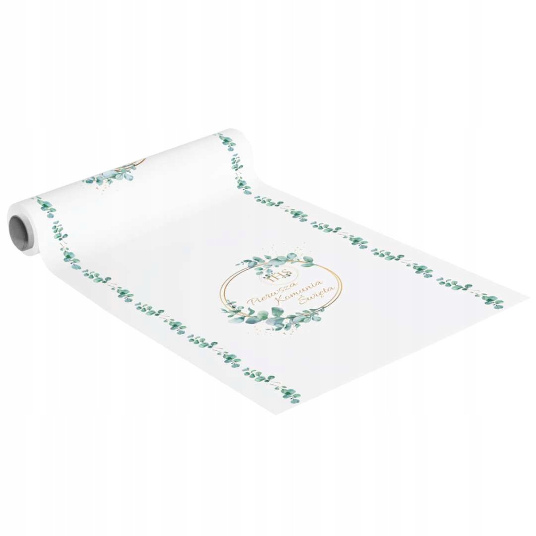 BIEŻNIK na stół PIERWSZA KOMUNIA ŚWIĘTA złoty napis IHS listki EUKALIPTUSA