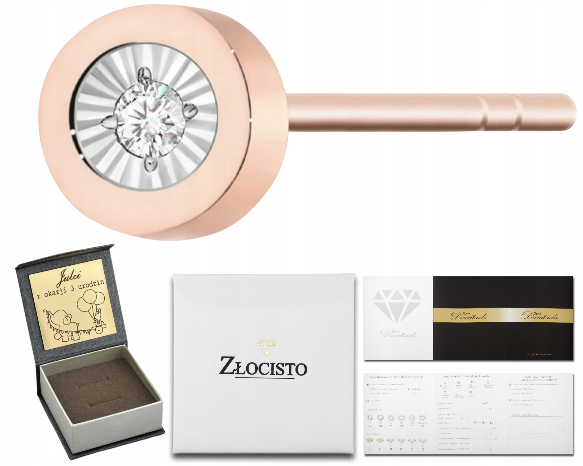 Růžové Zlato Náušnice 1 Kus Tyčinka Ryzost 585 Briliant