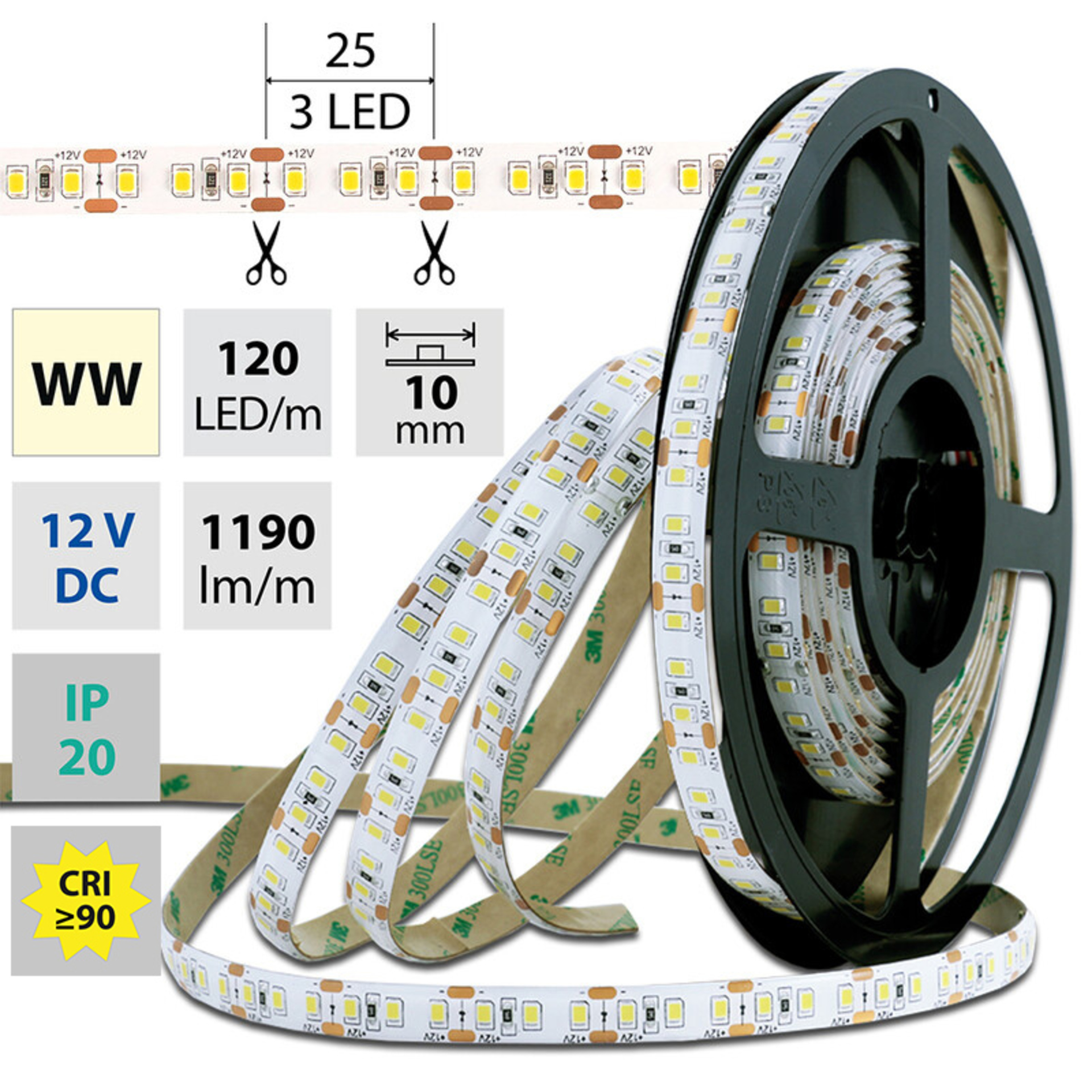 Schmachtl McLED Led pásik SMD2835 teple biela, DC12V, IP20, 10mm, biely 5m