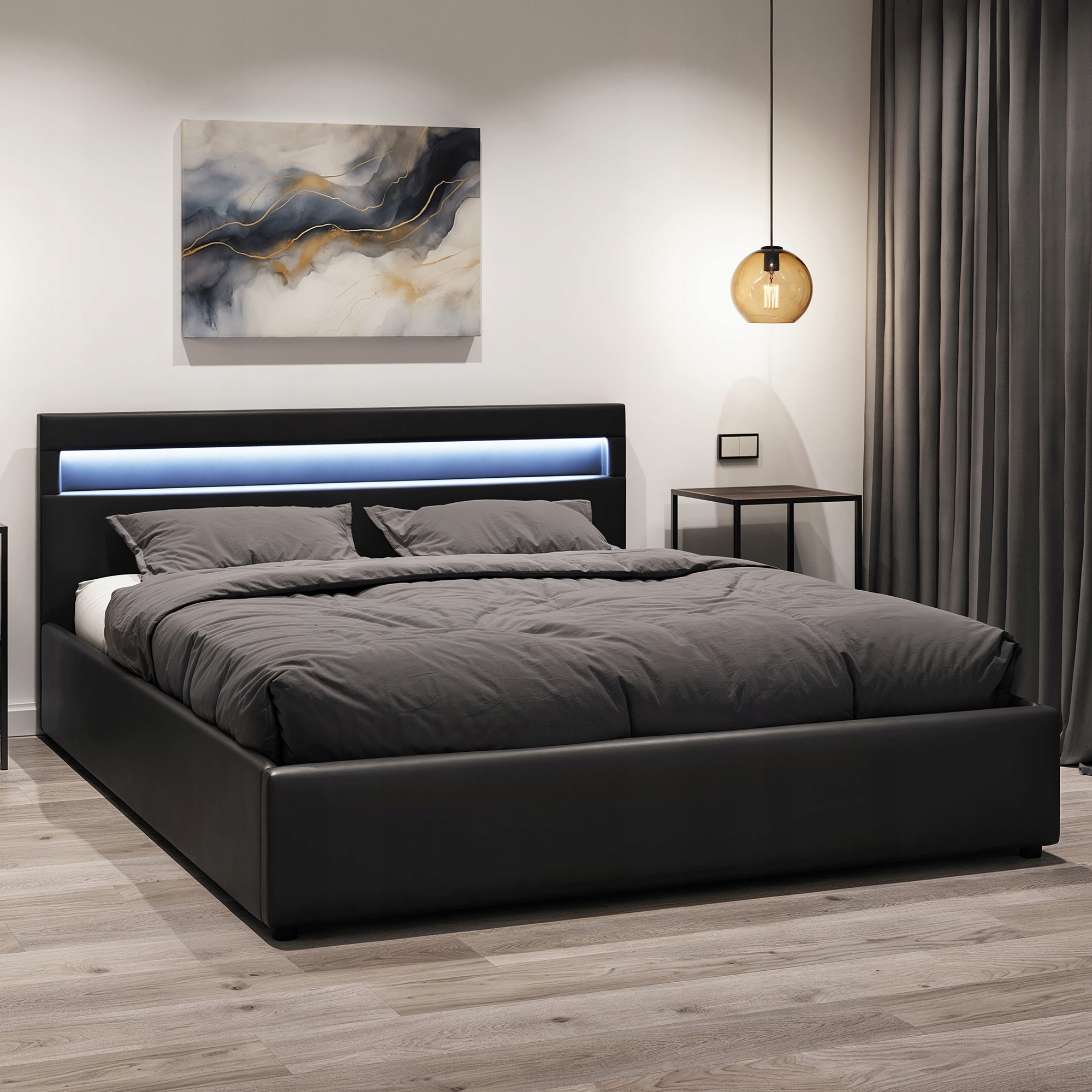 Čalouněná postel 140x200 s úložným prostorem a matrace, černá, Led, ihned