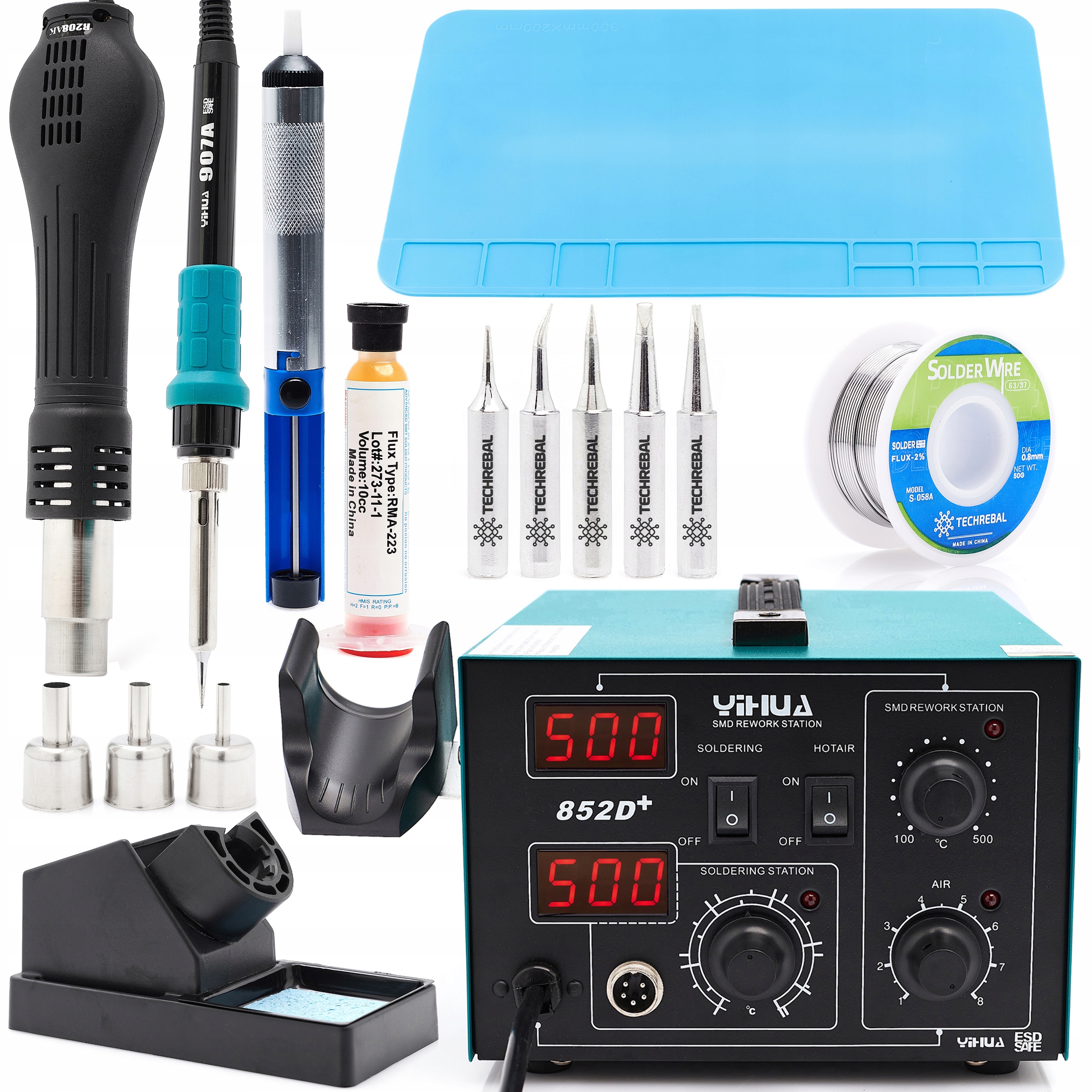 Svařovač Plastů Pájecí Stanice 2V1 Yihua 852D Příslušenství Hroty Cín