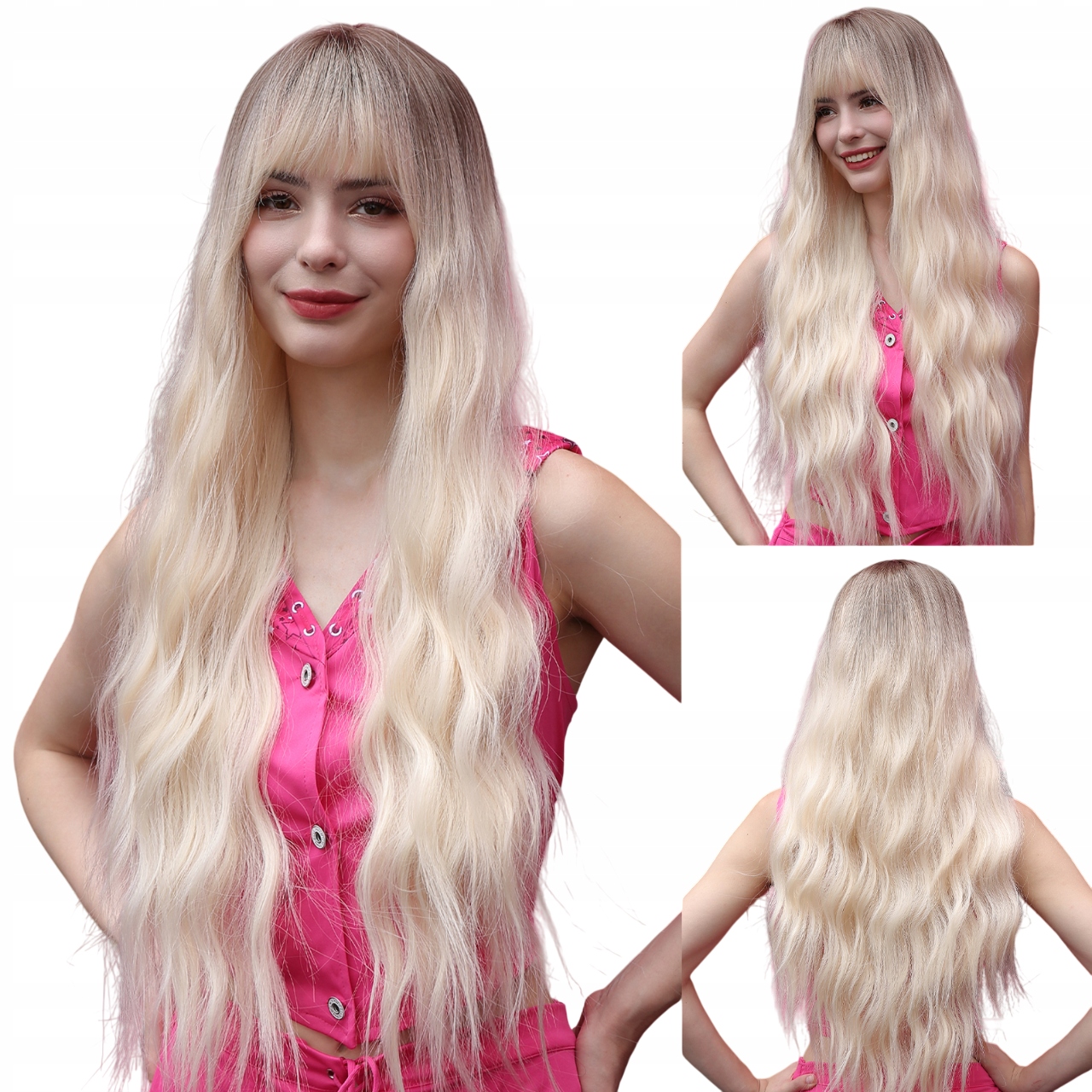 Peruka damska platynowy Blond z grzywką Długie włosy jak naturalne Czepek