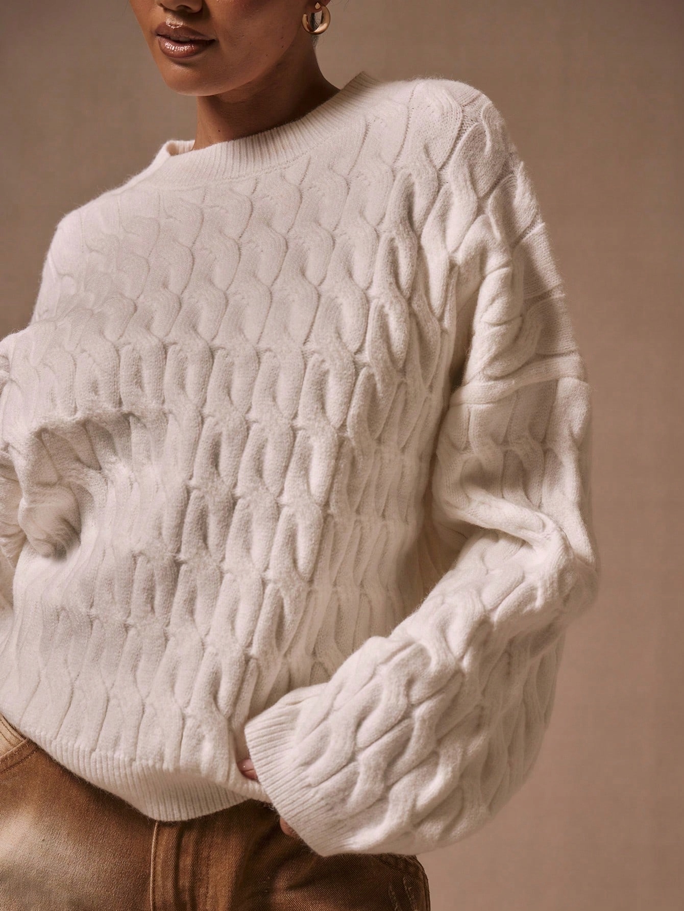 Dámský Oversize Svetr Silný Teplý S Copánkovou Vazbou Krémový XL 42