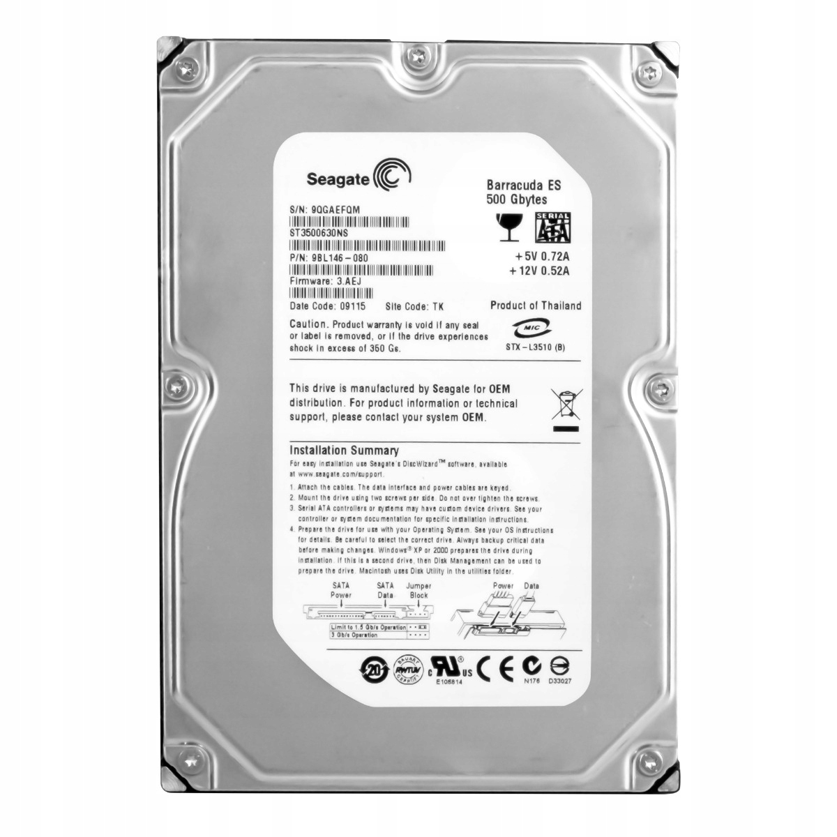 Seagate 500GB 7.2K 16MB Sata II 3.5'' ST3500630NS
