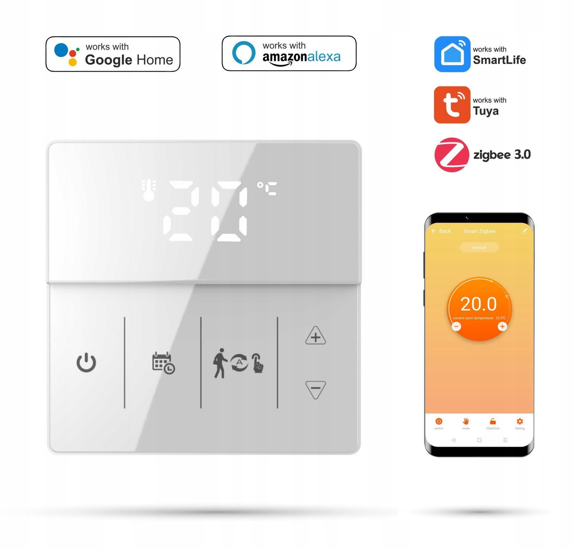 Izbový termostat Zigbee Tuya 3A Pro Biely