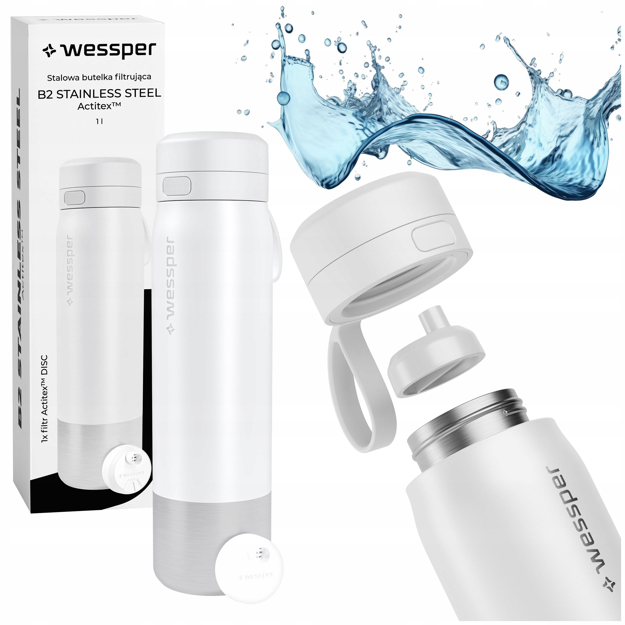 Ocelová filtrační láhev bílá Wessper B2 Actitex s filtrem lahev na pití 1L