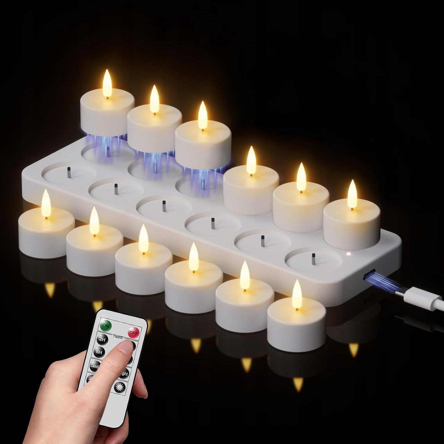 Nabíjecí Led svíčky s funkcí časovače, sada 12 Led svíček s dálkovým ovládáním