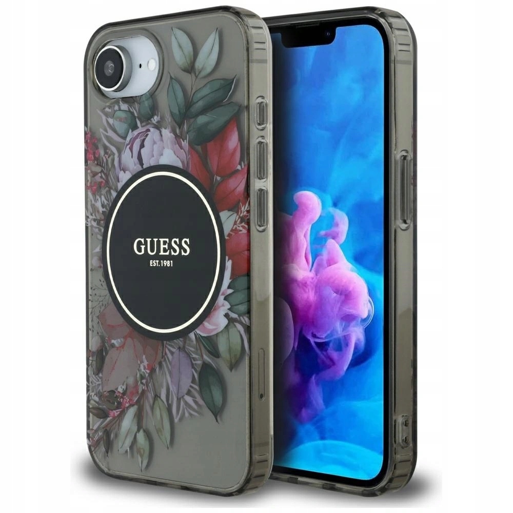 Pouzdro Guess IML Flowers MagSafe pro Apple iPhone 16e, černé