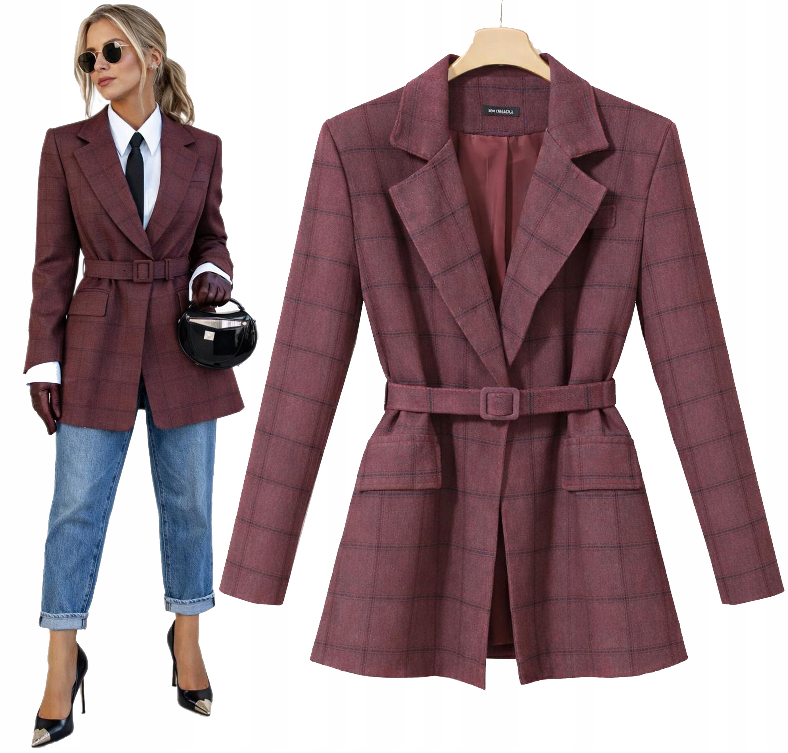 Modna Marynarka Damska Żakiet w kratkę z paskiem stylowa Casandra