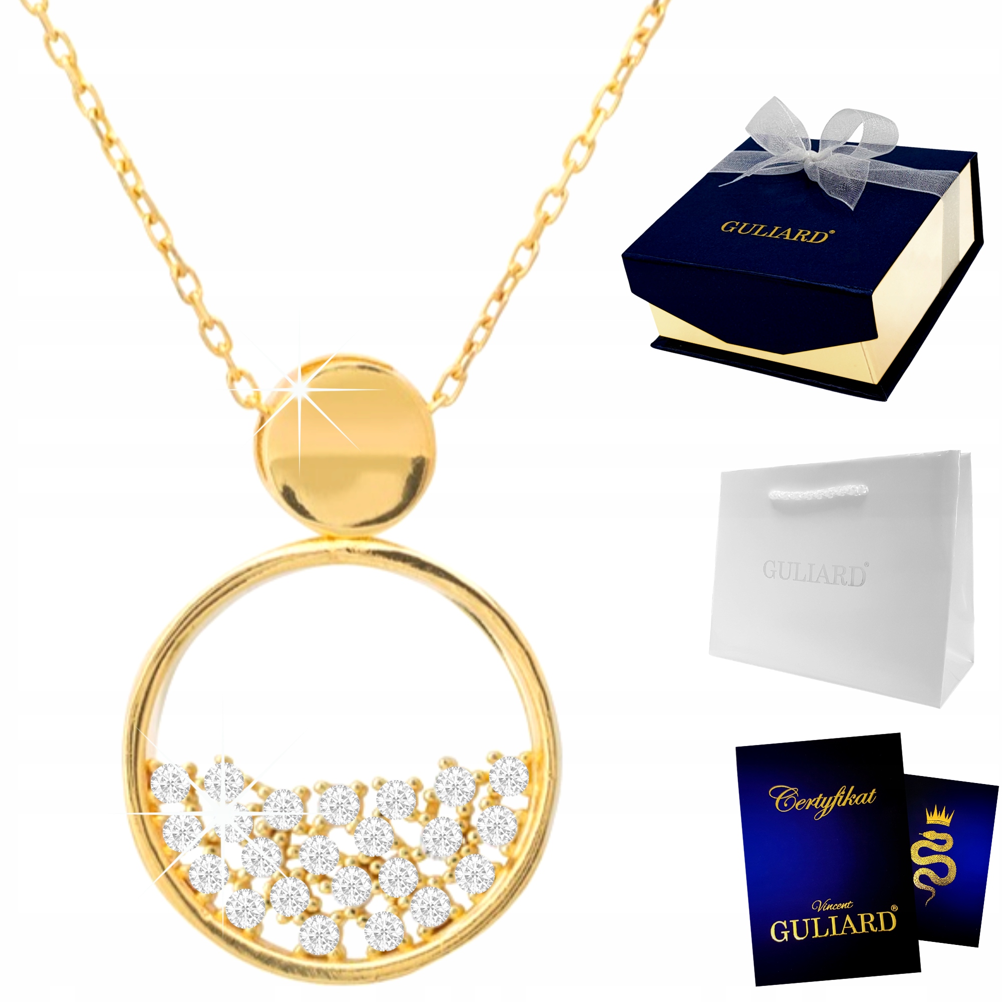 Zlatý náhrdelník Kruh s zirkony Pozlacený 585 Bílé Zirkony Stříbro 925