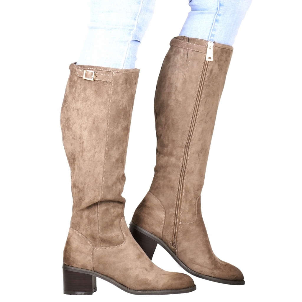 Béžové Kozačky Ke Kolenům, Semišové Kozačky Na Podpatku, Pohodlné, Stabilní, Teplé