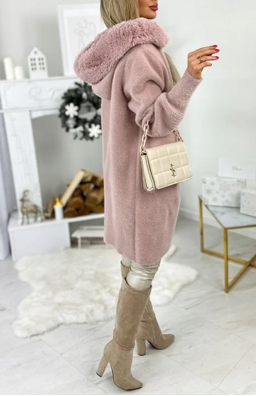 ALPAKA PŁASZCZ DAMSKI JESIENNY DŁUGI KAPTUR ZAMEK WEŁNA FUTERKO PUDROWY RÓŻ Rozmiar uniwersalny