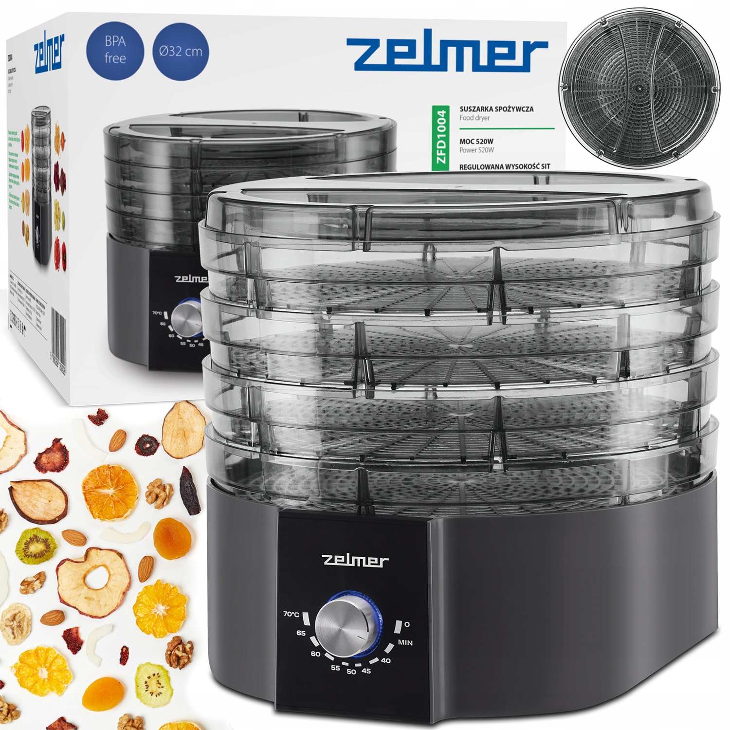Suszarka Do Grzybów Spożywcza Warzyw Owoców Ziół Duża 4 Sita 32cm 10kg 520W