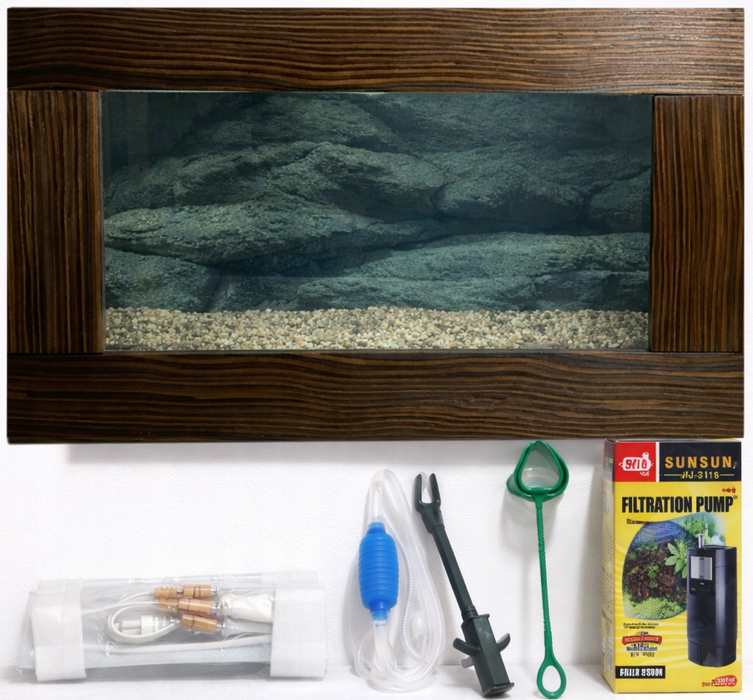 Levně Závěsné dekorativní nástěnné akvárium v dřevěném rámu napodobujícím obraz