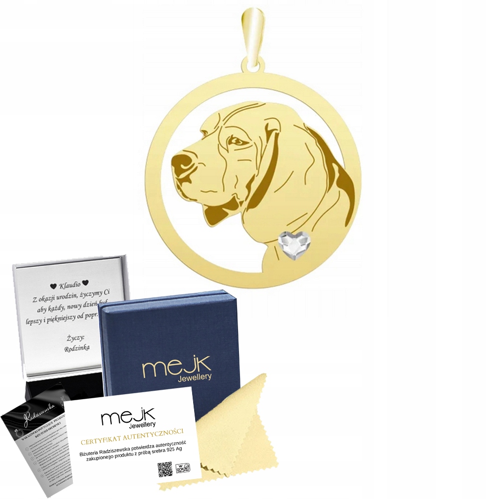 Zlatý přívěsek se psem Beagle 925 Šperky Dárek Věnování Gravírování Bonus