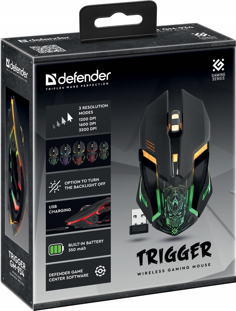 Myszka Gamingowa Mysz Dla Graczy Bezprzewodowa LED RGB Defender Trigger Rozdzielczość myszy 3200 dpi
