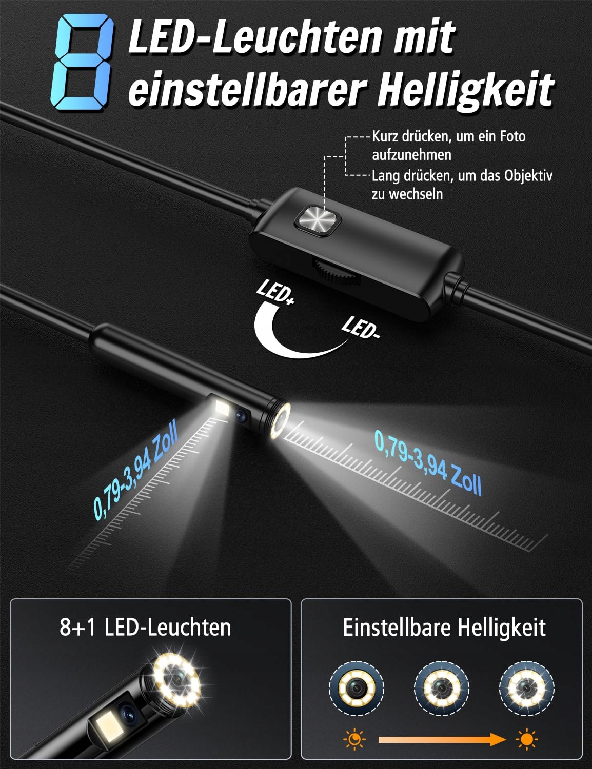 FERDIIZ Kamera Endoskopowa HD 1920P Dwie Soczewki LED IP67 Android iOS 10m — miniatura 3